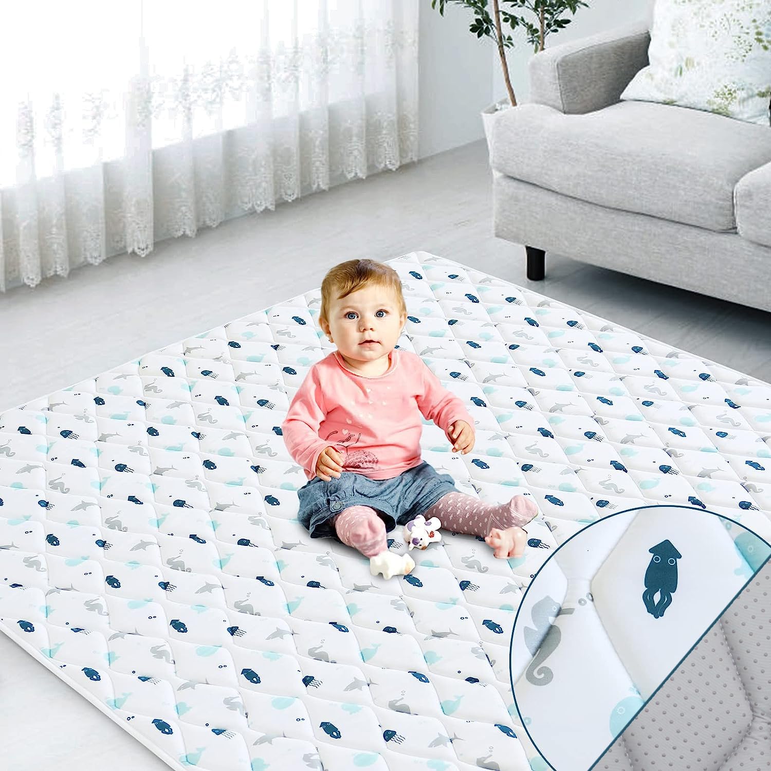 SPRINGSPIRIT Premium Foam Baby Play Mat front view highlights extra-large play space for tummy time and play.
