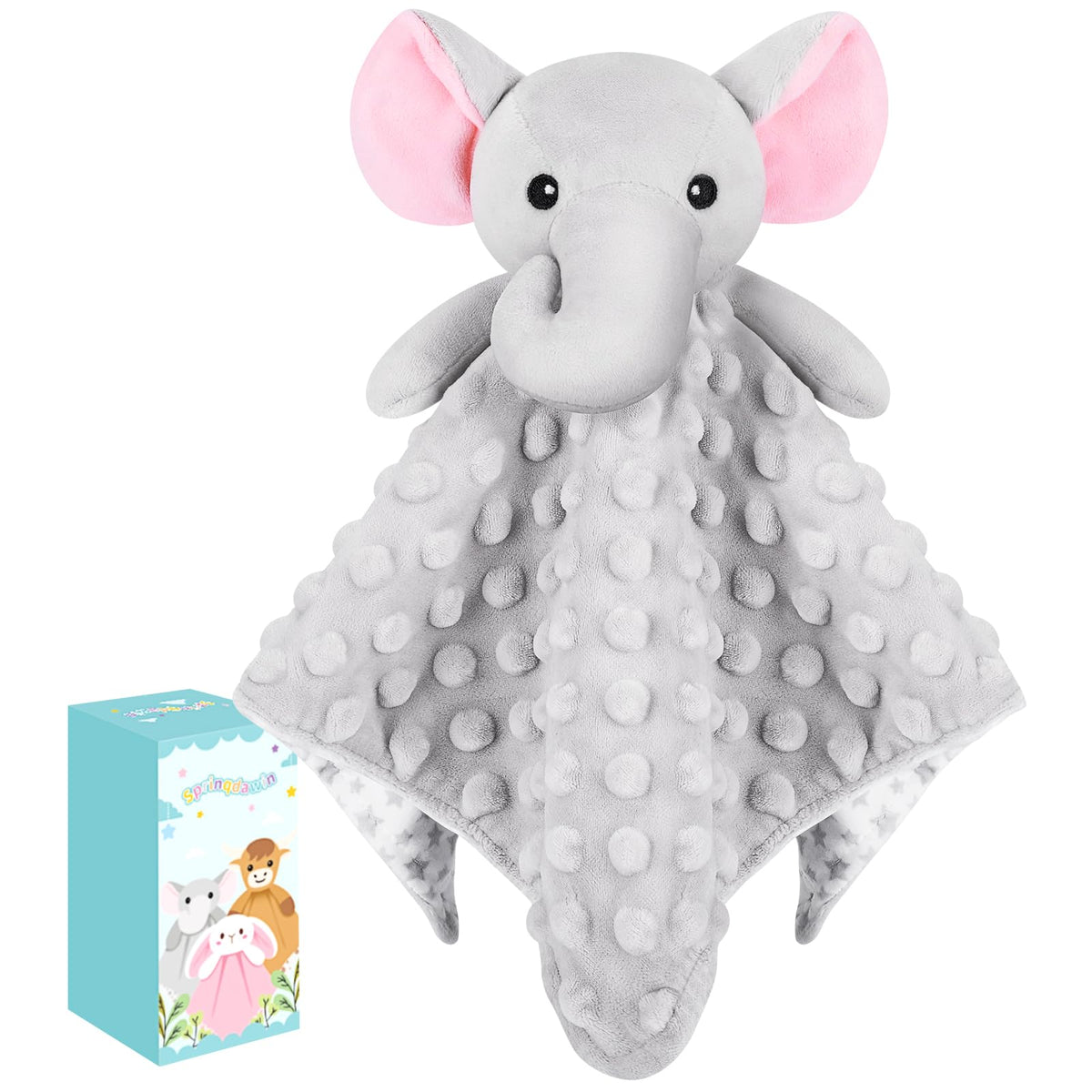 Sprinqdawin Lovey Elephant front view offers a soft, comforting security blanket for naps.