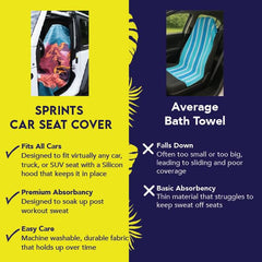Sprints car-seat cover towel draped over a seat during a commute.