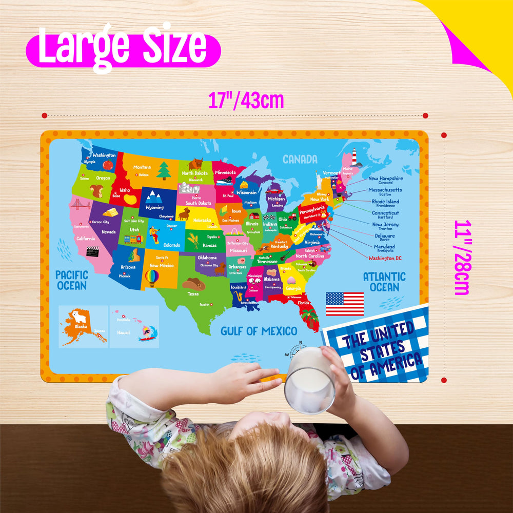 SpriteGru america map placemat introduces geography concepts during family dining.