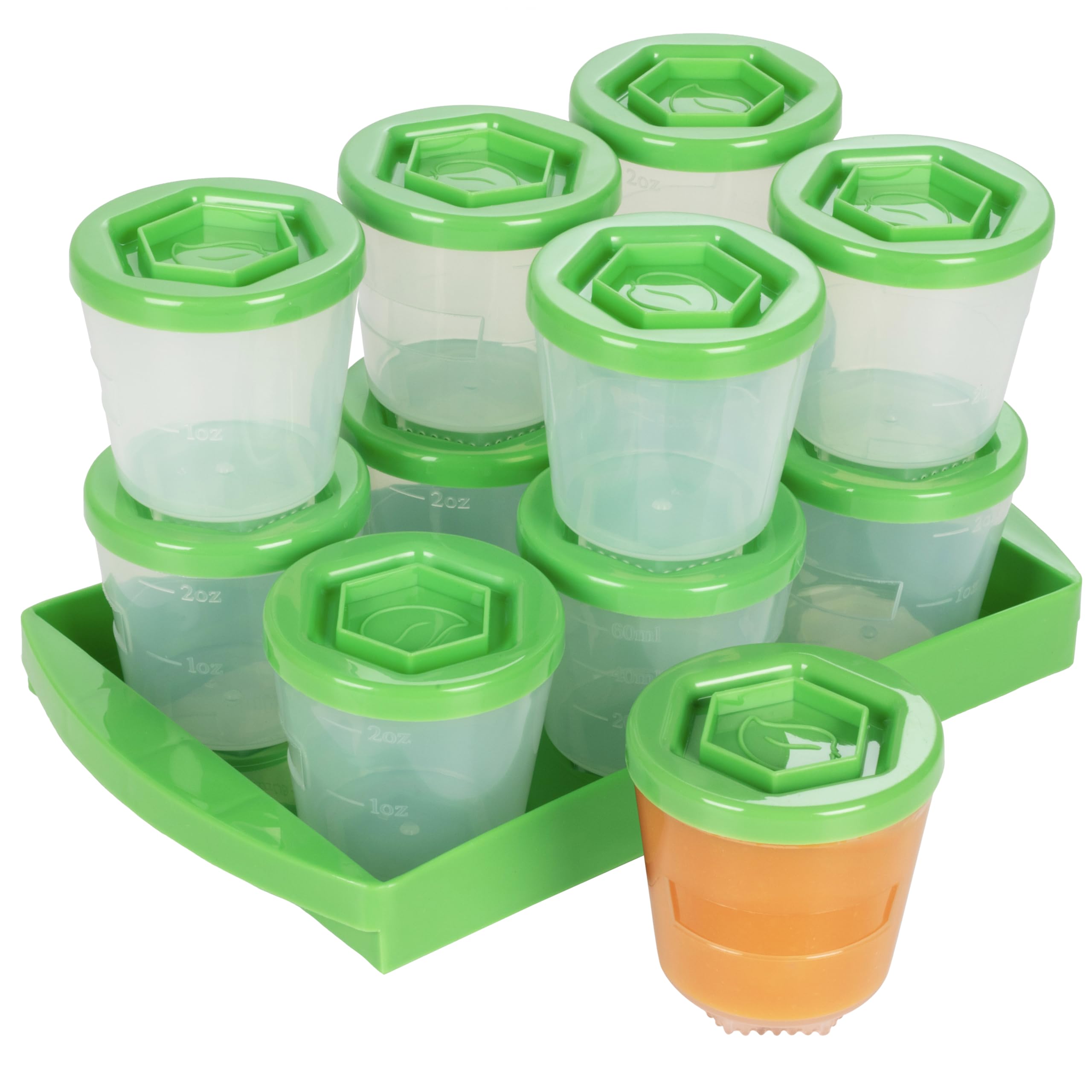 Sprout Cups 2oz jars stacked with tray for organized baby food prep