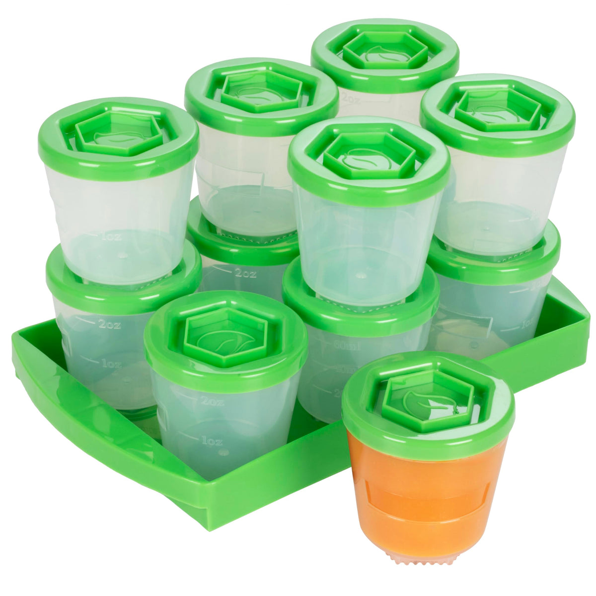 Sprout Cups 2oz jars stacked with tray for organized baby food prep