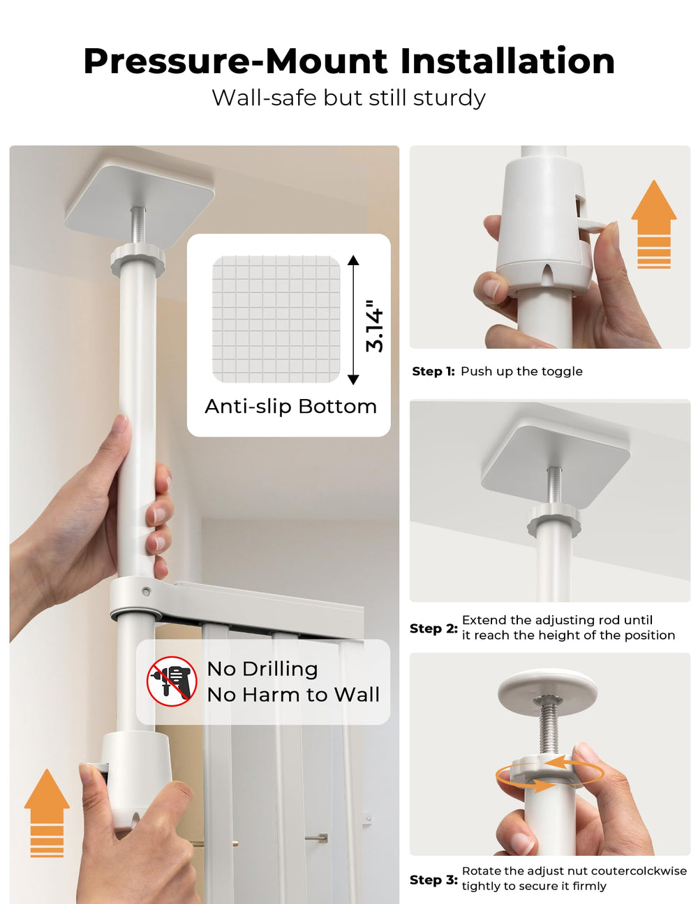 Adjustable width from 30.3 to 38.2 inches to fit diverse doorways.