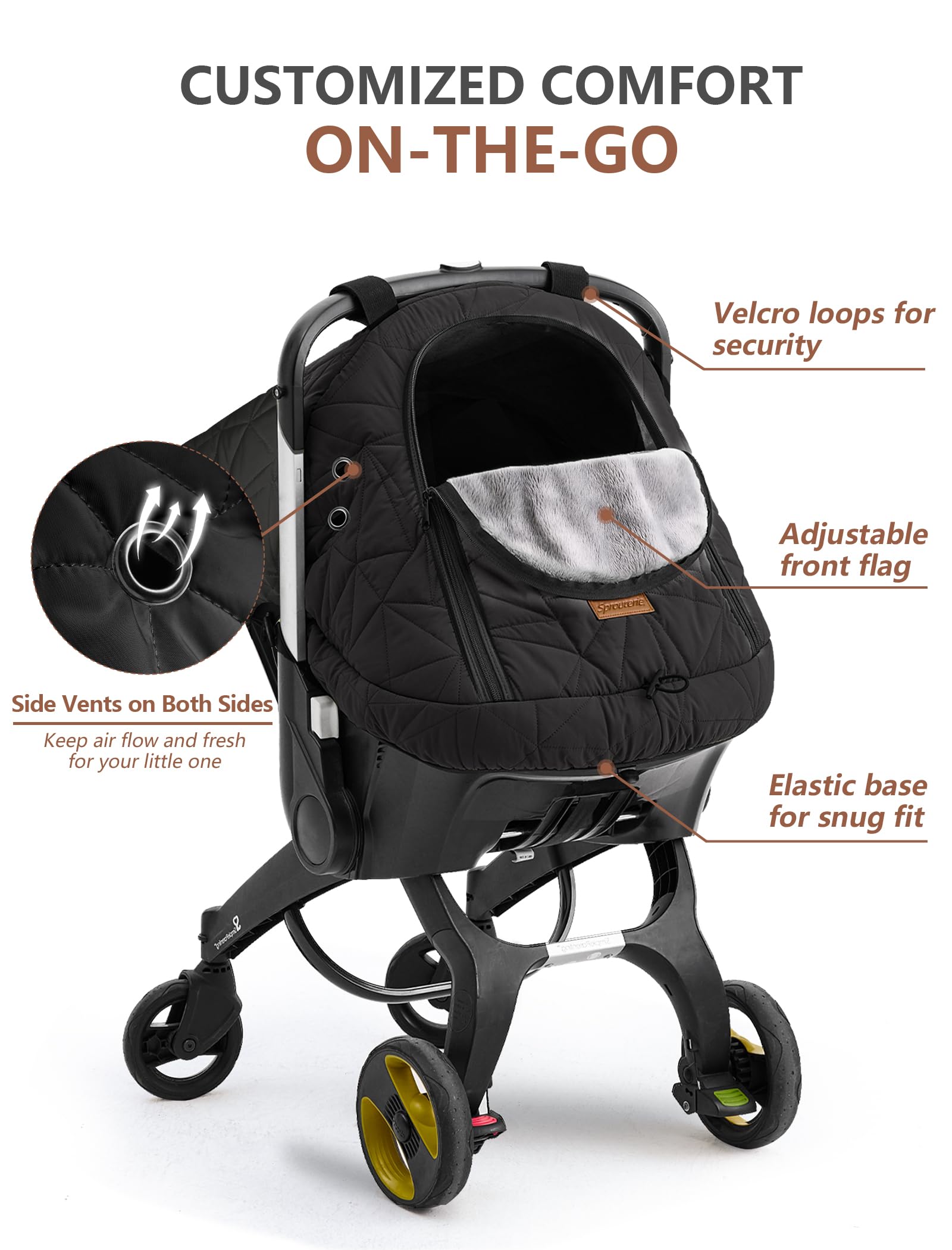 Sprouterie carseat cover easy-install shows stretch-and-wrap on most seats.