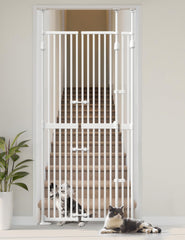 Sprouterie extra tall cat gate in doorway keeps pets contained without wall damage.