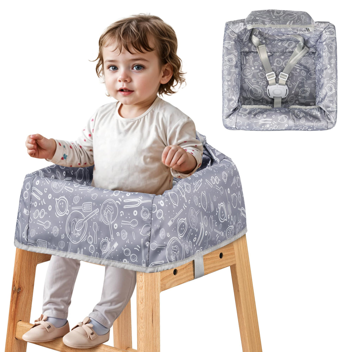 Sprouterie high chair cover safety harness scene showing secure dining during mealtime
