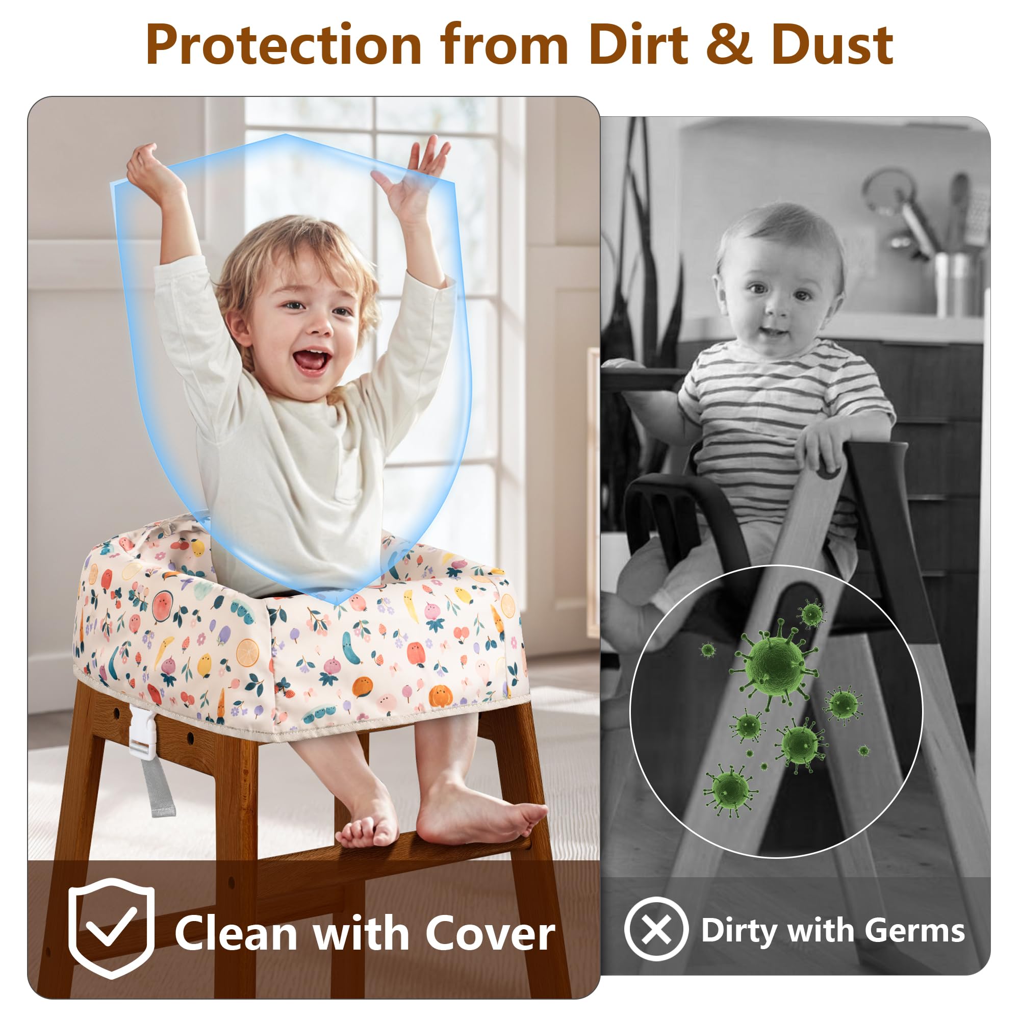 Sprouterie high chair cover three-point harness shows adjustable security for growing babies.