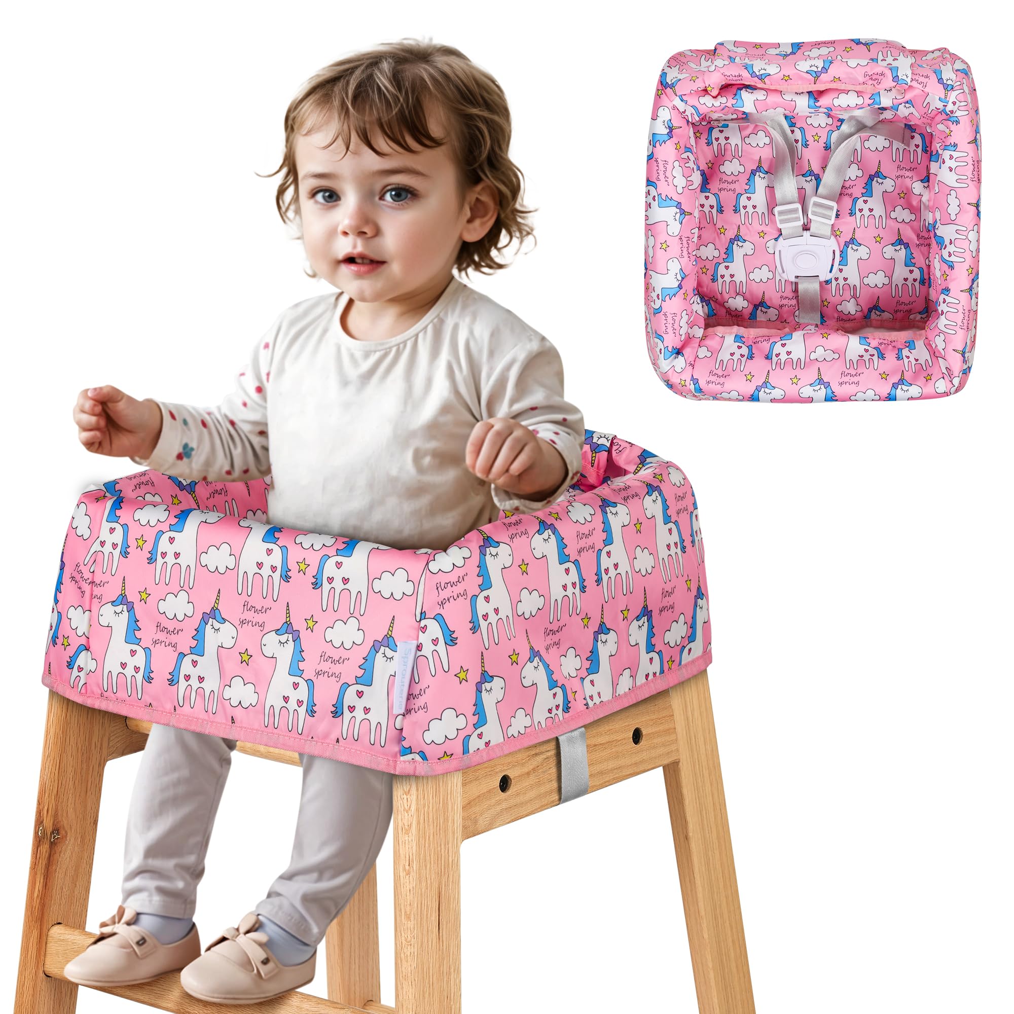 Sprouterie high chair cover in blue polar bear design on chair enhances cozy dining