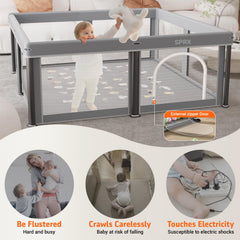 SPRX foldable playpen with 360-degree mesh provides clear supervision from all angles.