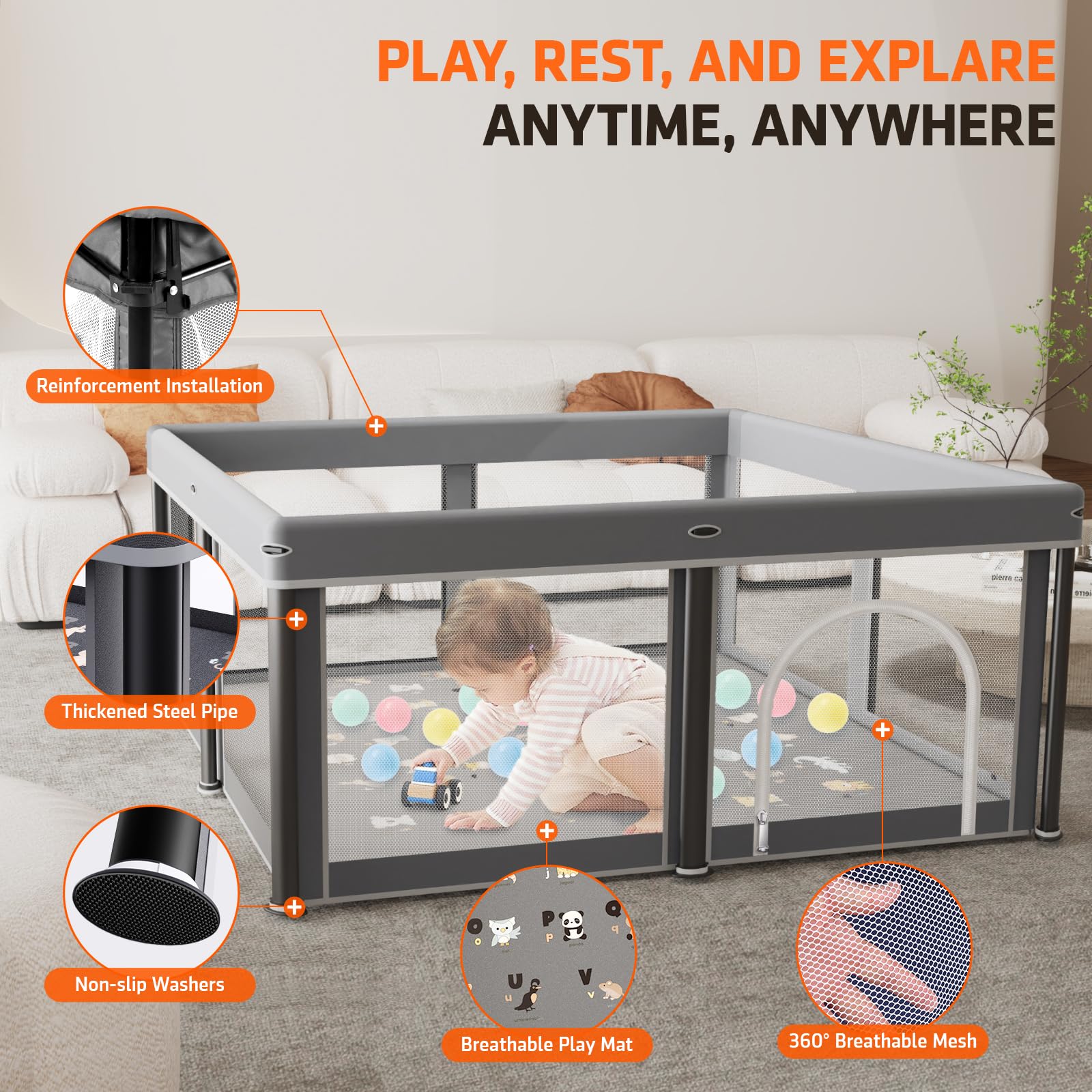 SPRX foldable playpen includes 50 ocean balls for interactive, sensory-rich play.