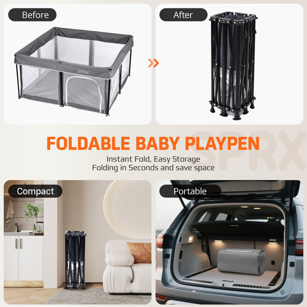 SPRX foldable playpen durable Oxford 300D fabric ensures long-lasting use.