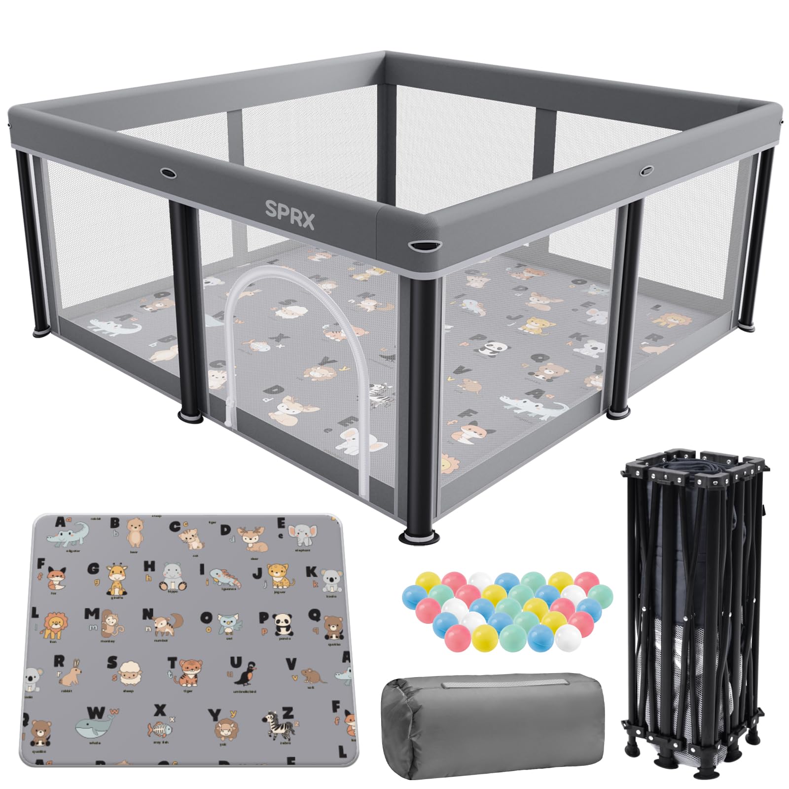 SPRX foldable playpen with alphabet mat educates and engages kids during playtime.