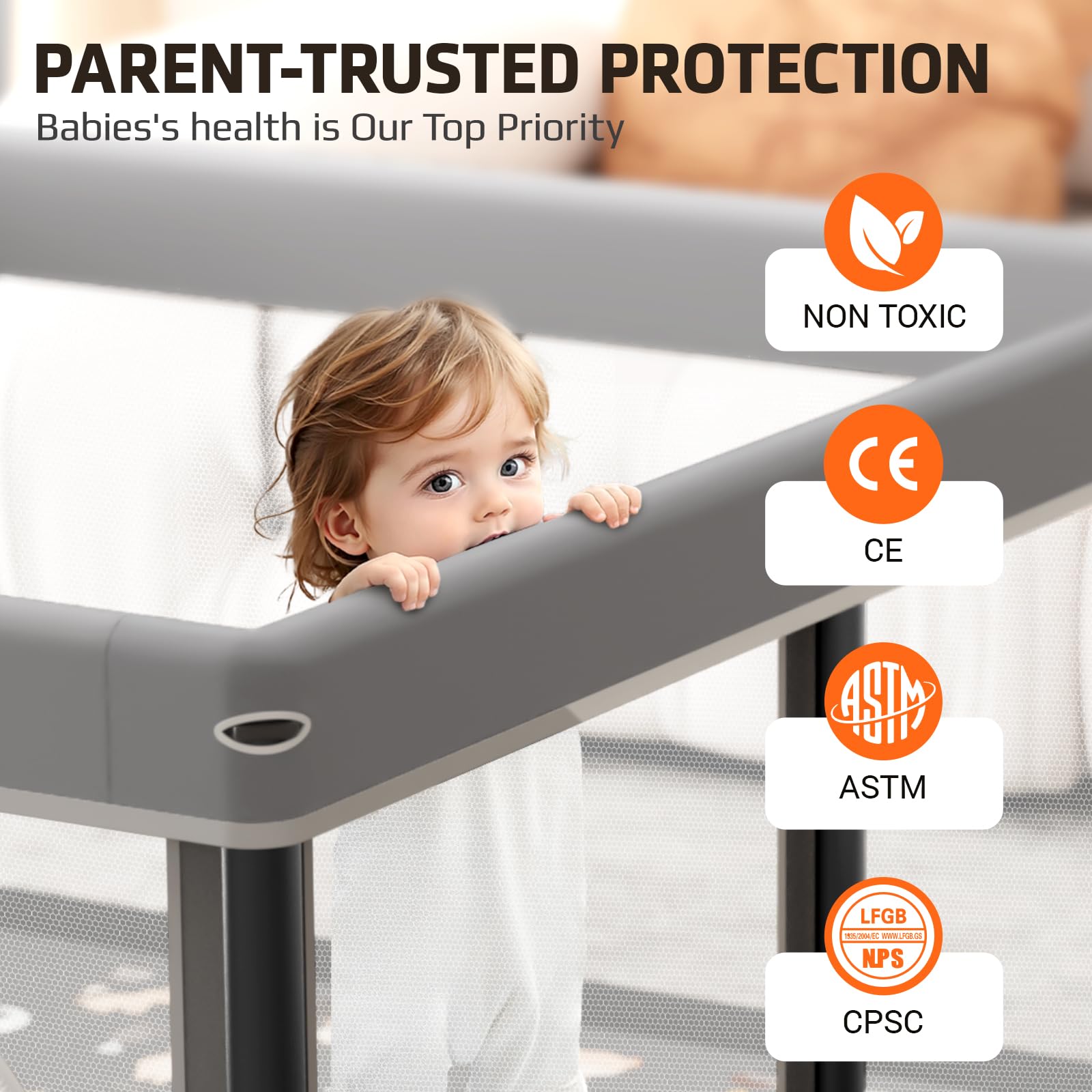 SPRX foldable playpen safety features—non-slip base and reinforced tubes—for stable play.