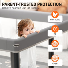 SPRX foldable playpen safety features—non-slip base and reinforced tubes—for stable play.