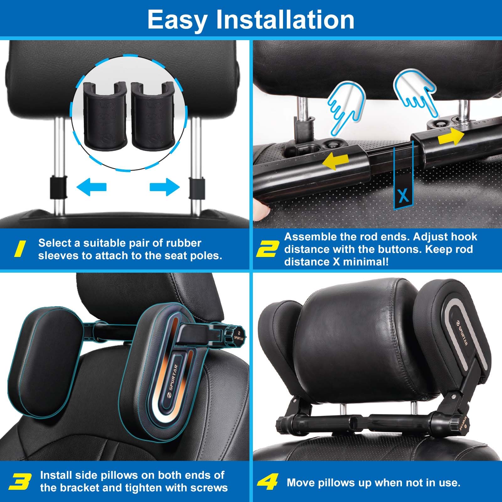 Spurtar headrest pillow in use in car seat demonstrates space-saving design.