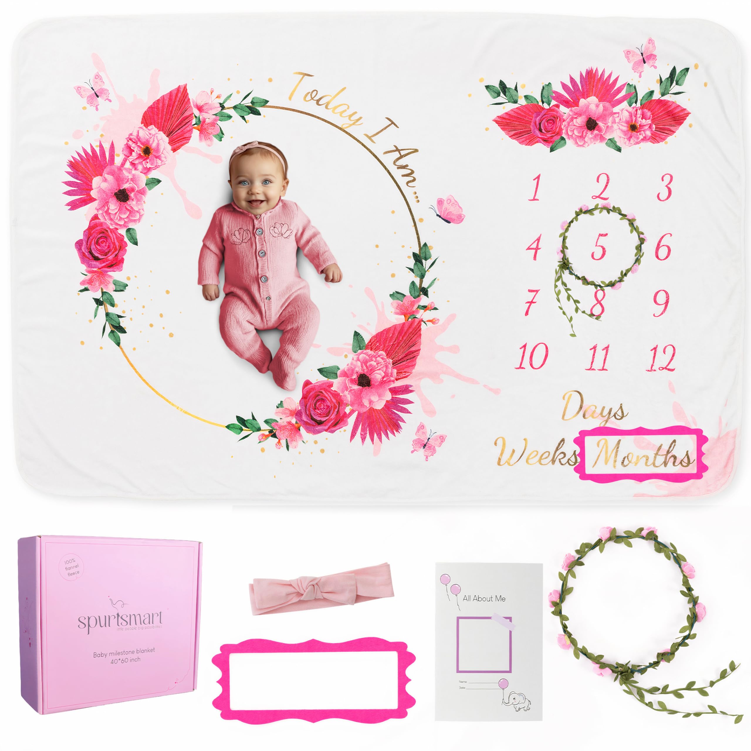 Spurtsmart baby girl floral milestone blanket front view showing milestone-ready style for newborn photos