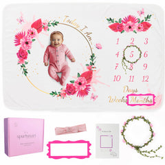 Spurtsmart baby girl floral milestone blanket front view showing milestone-ready style for newborn photos
