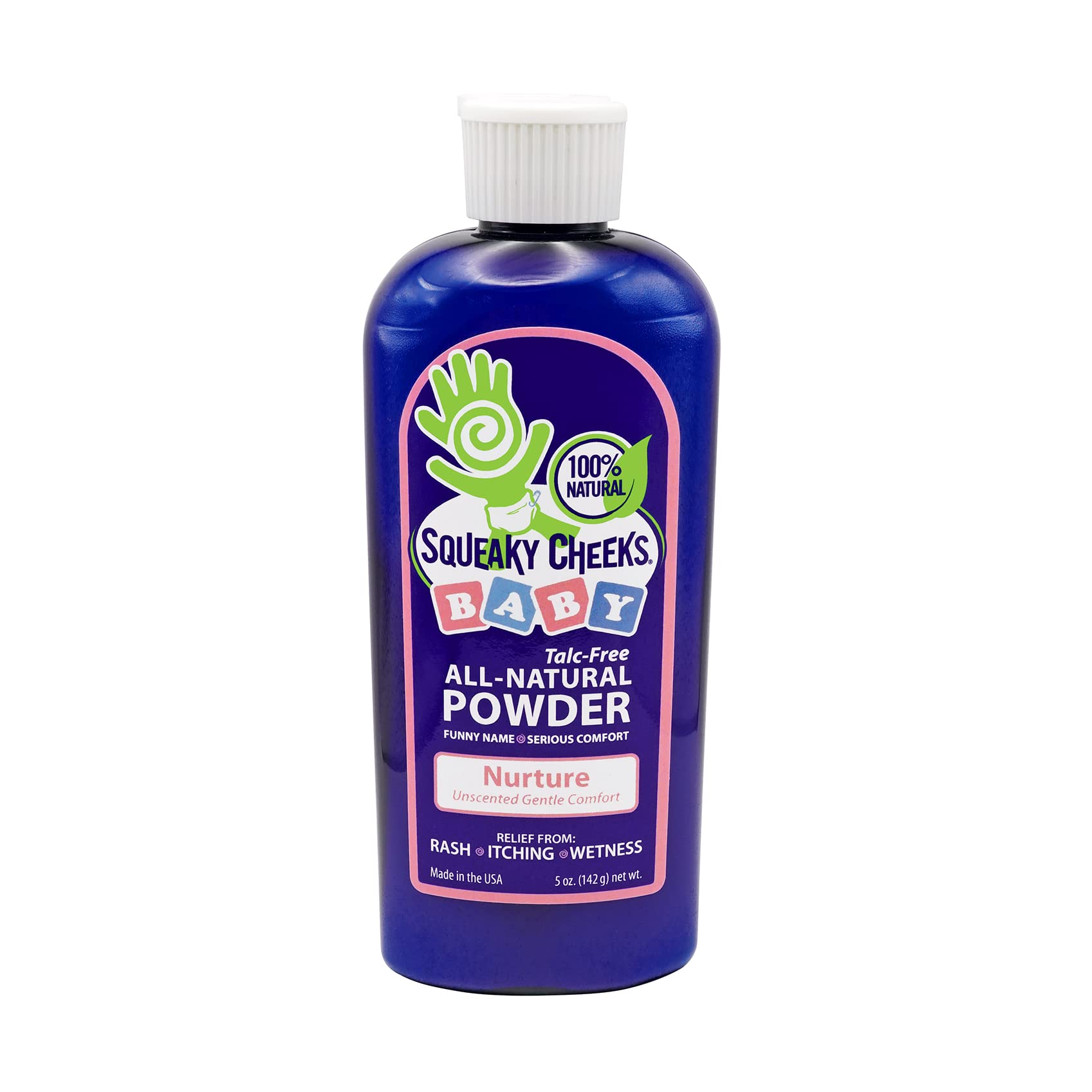 Squeaky Cheeks baby powder jar closeup showing talc-free formula for delicate newborn skin and comfort