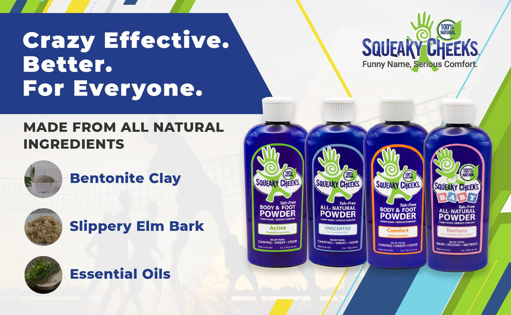 Squeaky Cheeks baby powder natural ingredients signifying organic, talc-free composition