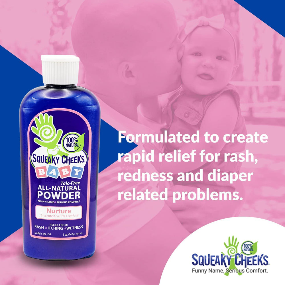 Squeaky Cheeks baby powder soft skin finish absorbs moisture for a dry feel