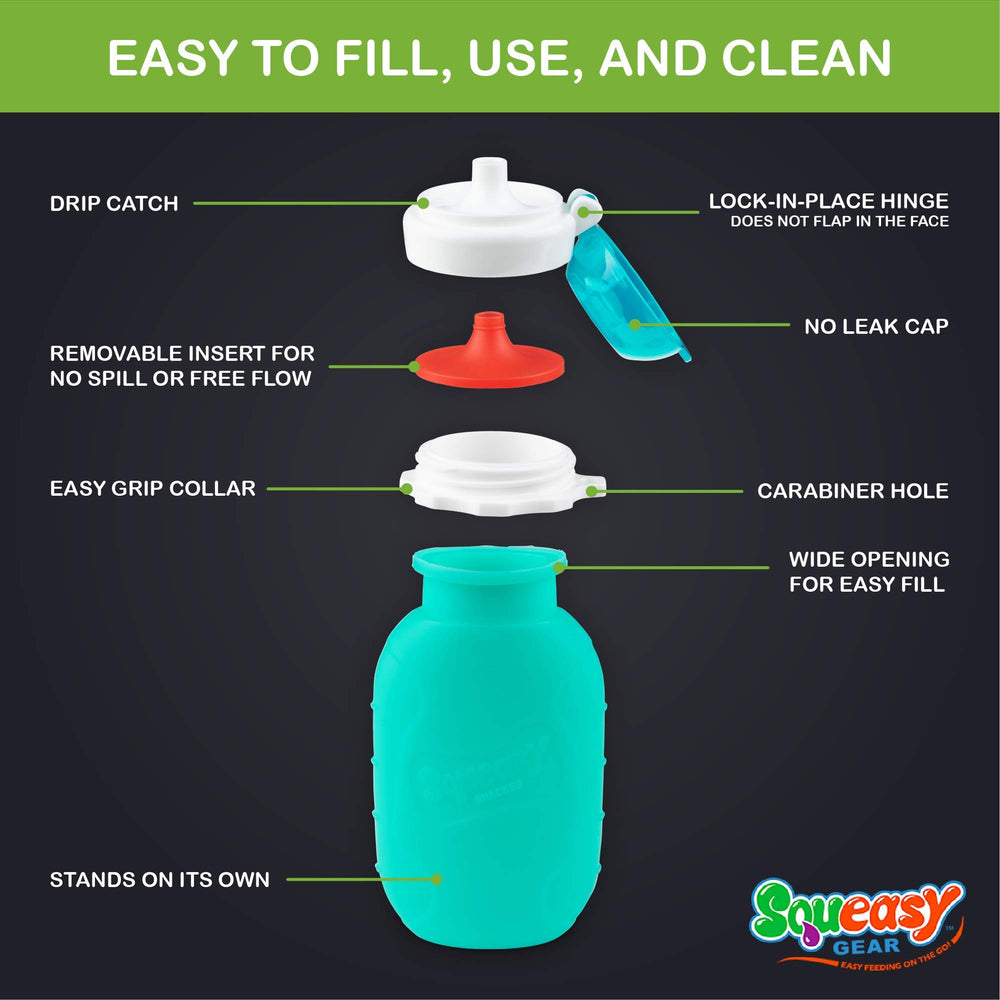 Squeasy Snacker Aqua 6oz fits cup holders during outings for easy transport