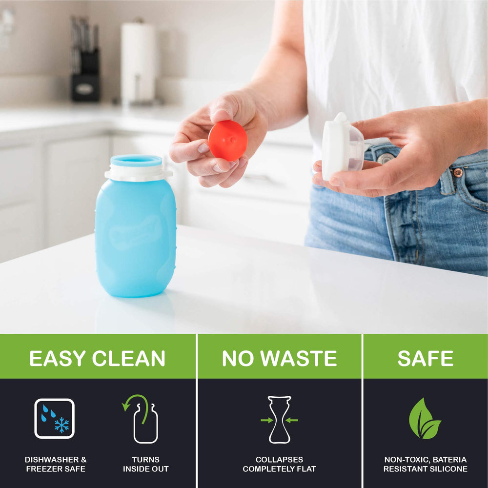 Squeasy Snacker Aqua 6oz freezer-safe pouch preserves freshness for later