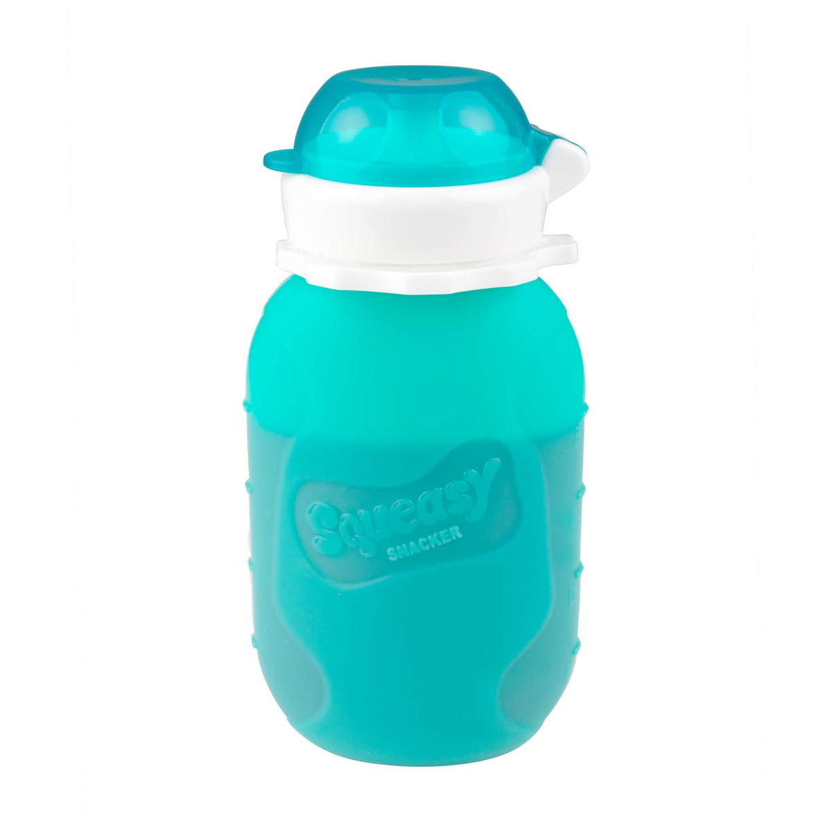 Squeasy Snacker Aqua 6oz pouch front view shows spill-proof design for mess-free feeding
