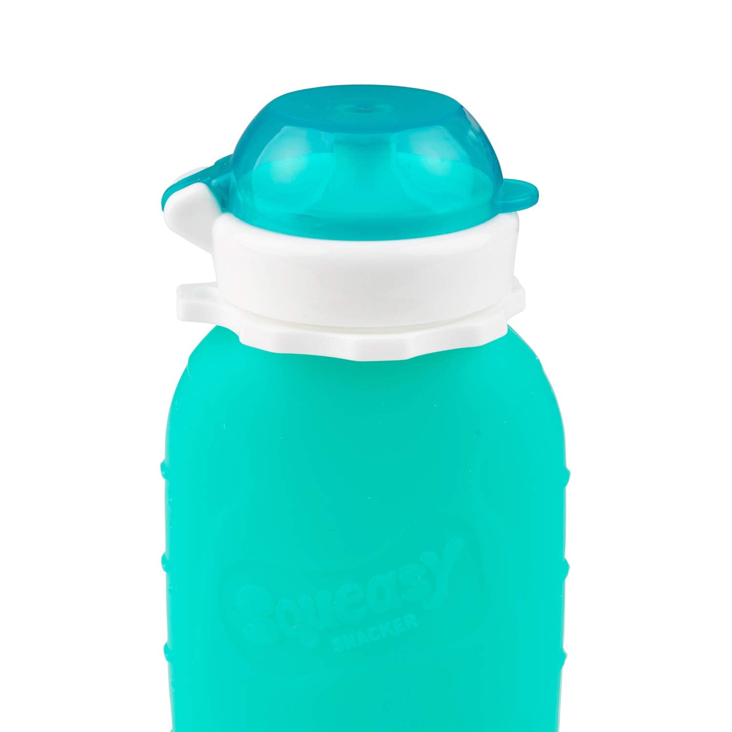 Squeasy Snacker Aqua 6oz leak-proof cap in travel setup ensuring mess-free trips