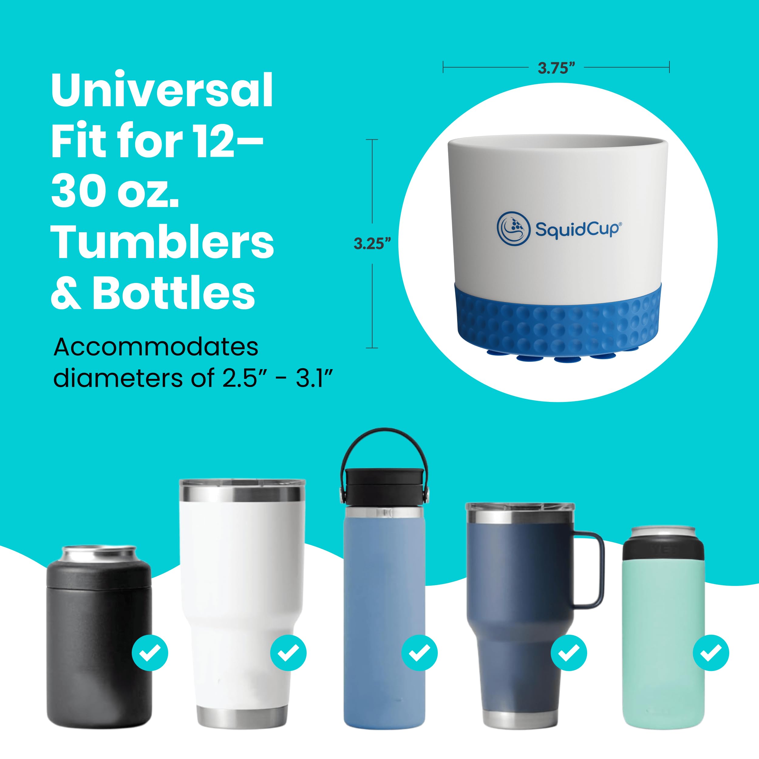 SquidCup BPA-free ABS design with silicone boot and 20 micro-suction cups.