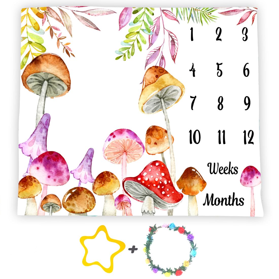 SSCSTS mushroom milestone blanket in watercolor backdrop for newborn photo sessions
