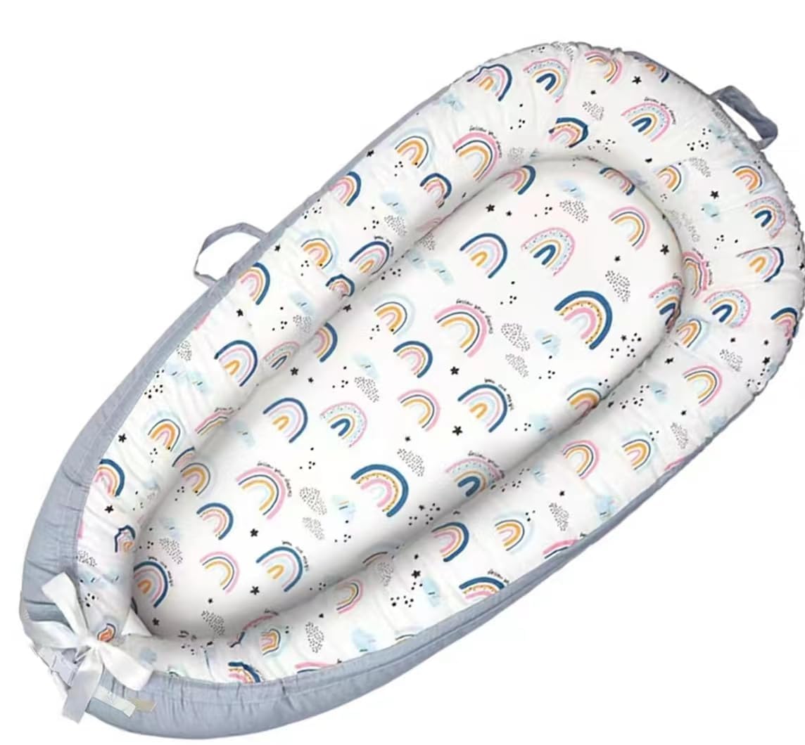 SSKFerier Baby Lounger Cover Rainbow close-up shows soft cotton edging for gentle comfort.