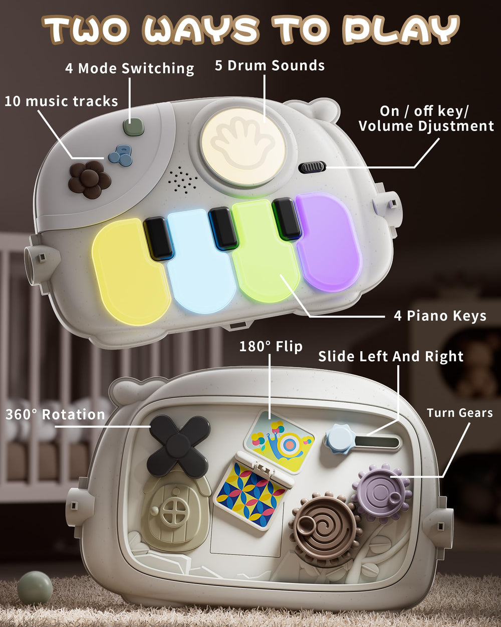 STACTCUTE baby play mat detachable toys image highlights colorful rattles for grabbing practice.