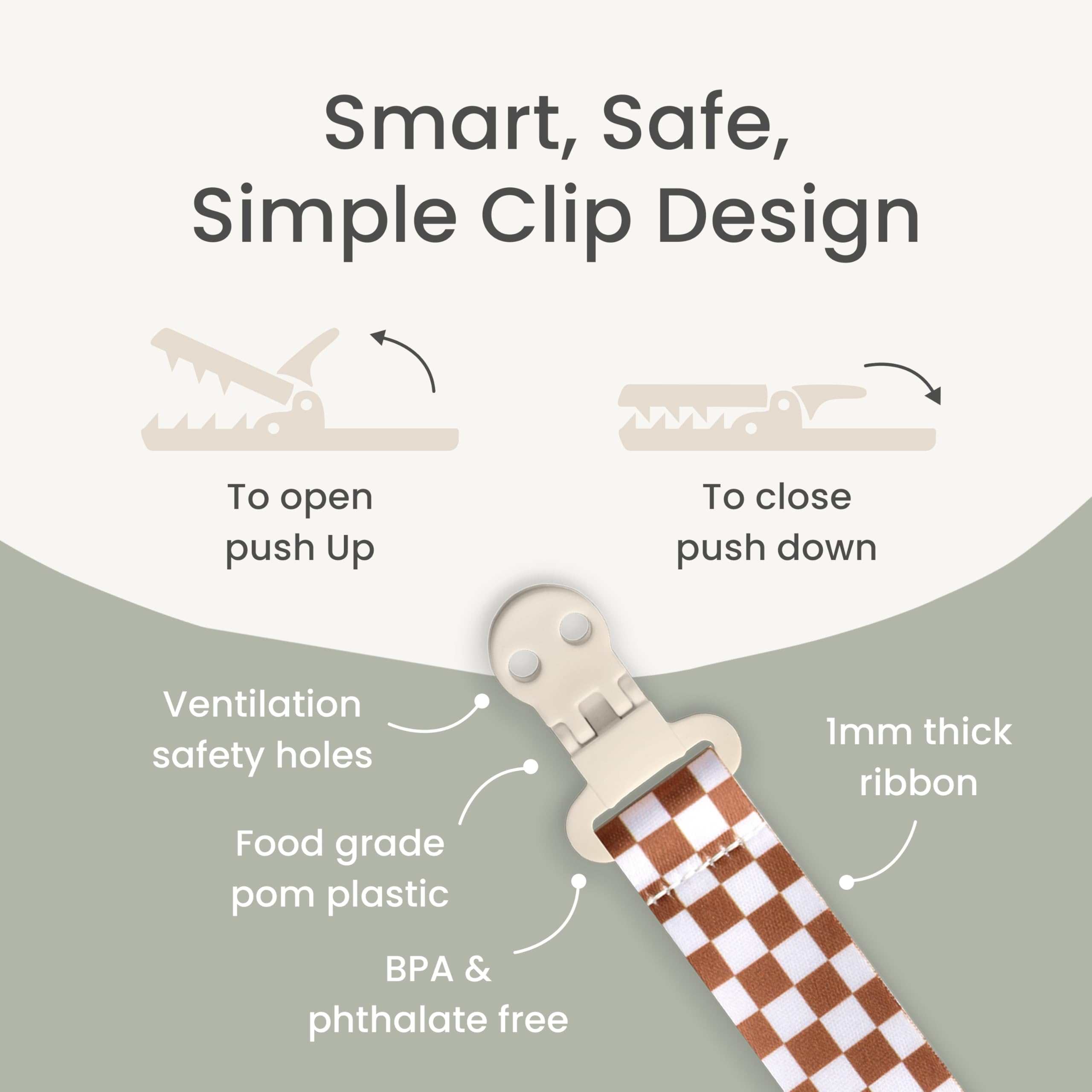 Stadela Anabella durable plastic clasp secures pacifier without snagging clothes.