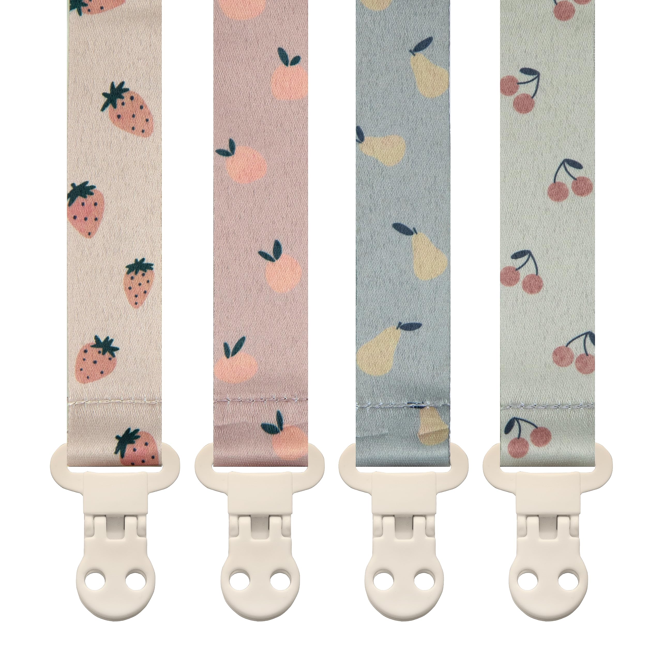Stadela baby pacifier clip fruits four-pack showcasing colorful patterns for on-the-go use
