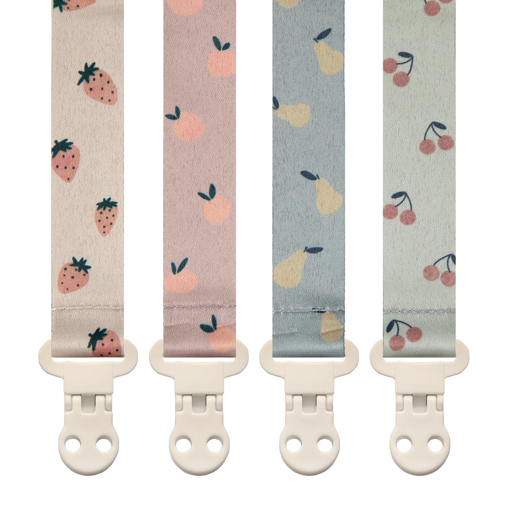 Stadela baby pacifier clip fruits four-pack showcasing colorful patterns for on-the-go use
