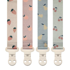Stadela baby pacifier clip fruits four-pack showcasing colorful patterns for on-the-go use