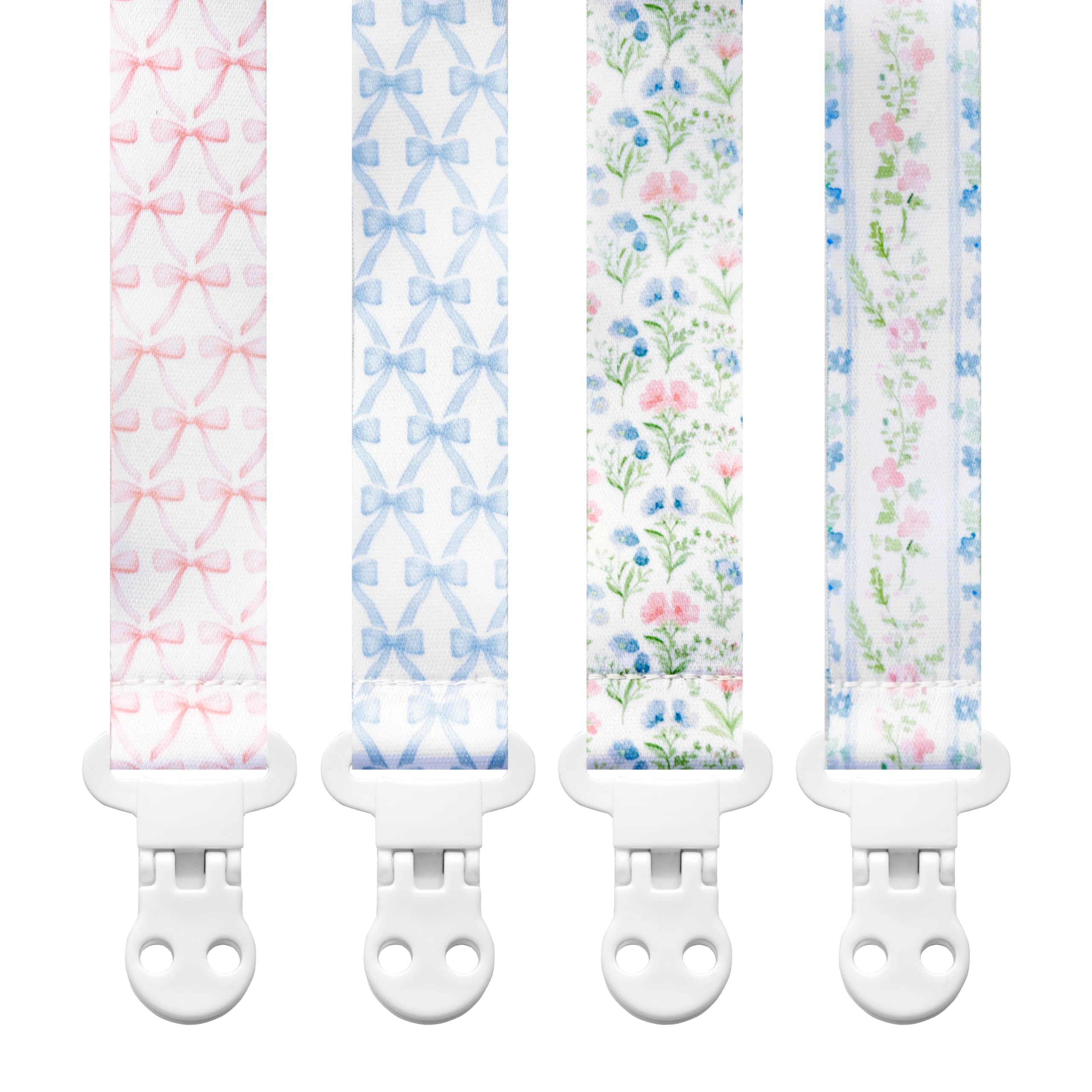 Stadela baby pacifier clip with vintage floral bows keeps pacifier close for quick soothing.