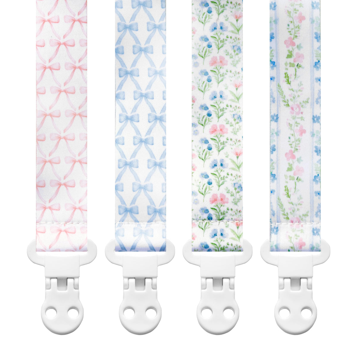 Stadela baby pacifier clip with vintage floral bows keeps pacifier close for quick soothing.