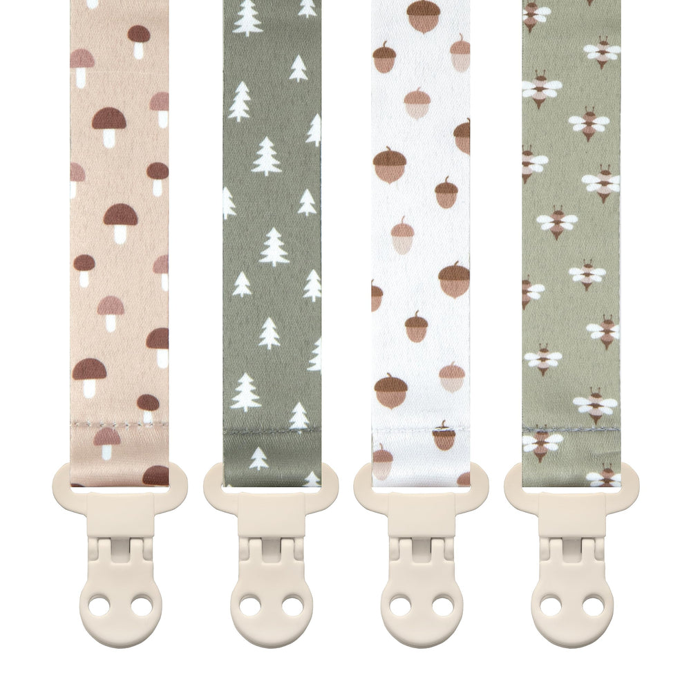 Stadela pacifier clip forest mushrooms pattern closeup keeps pacifier secure during outings