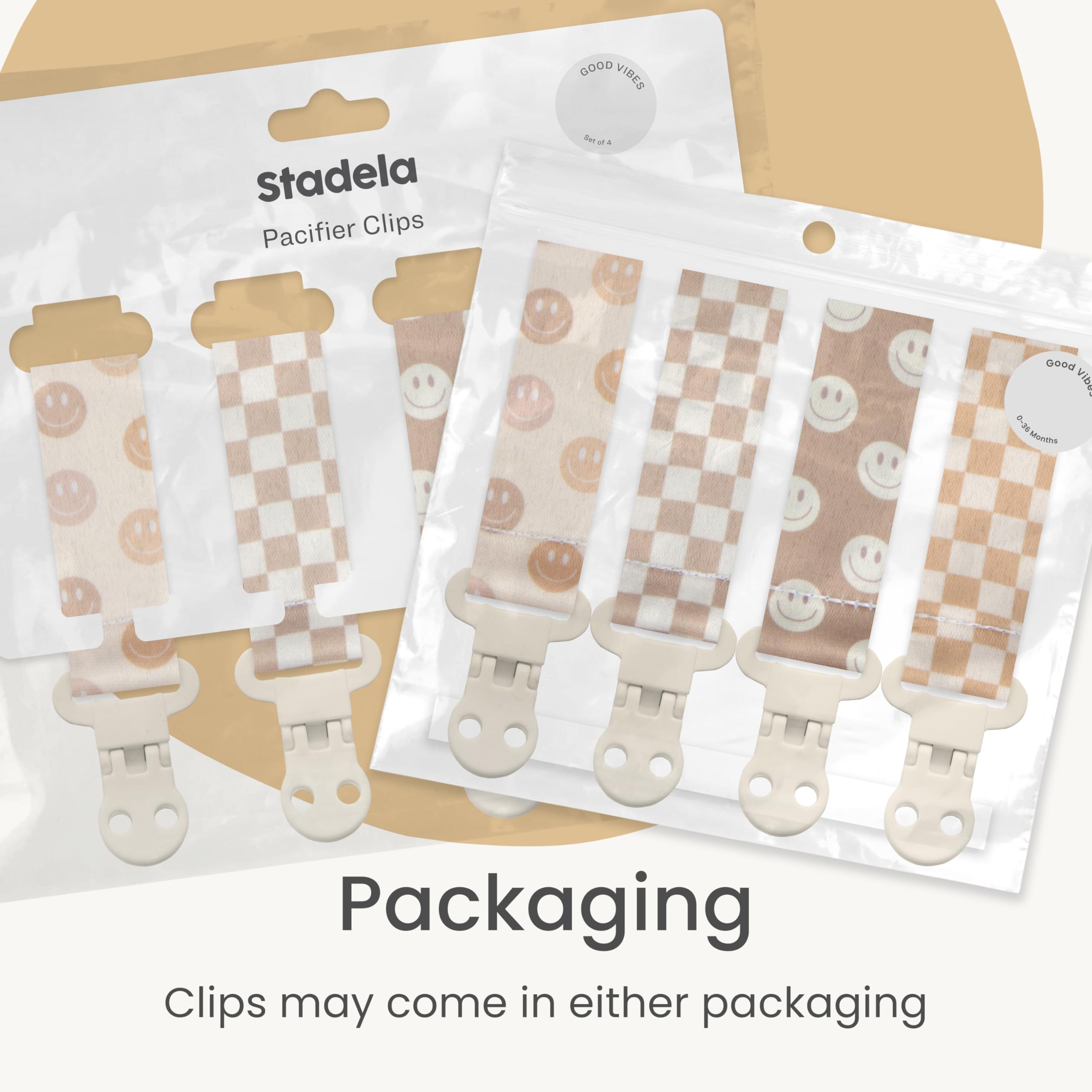 Stadela pacifier clip patterns checker and smiley promoting fashion-forward baby gear