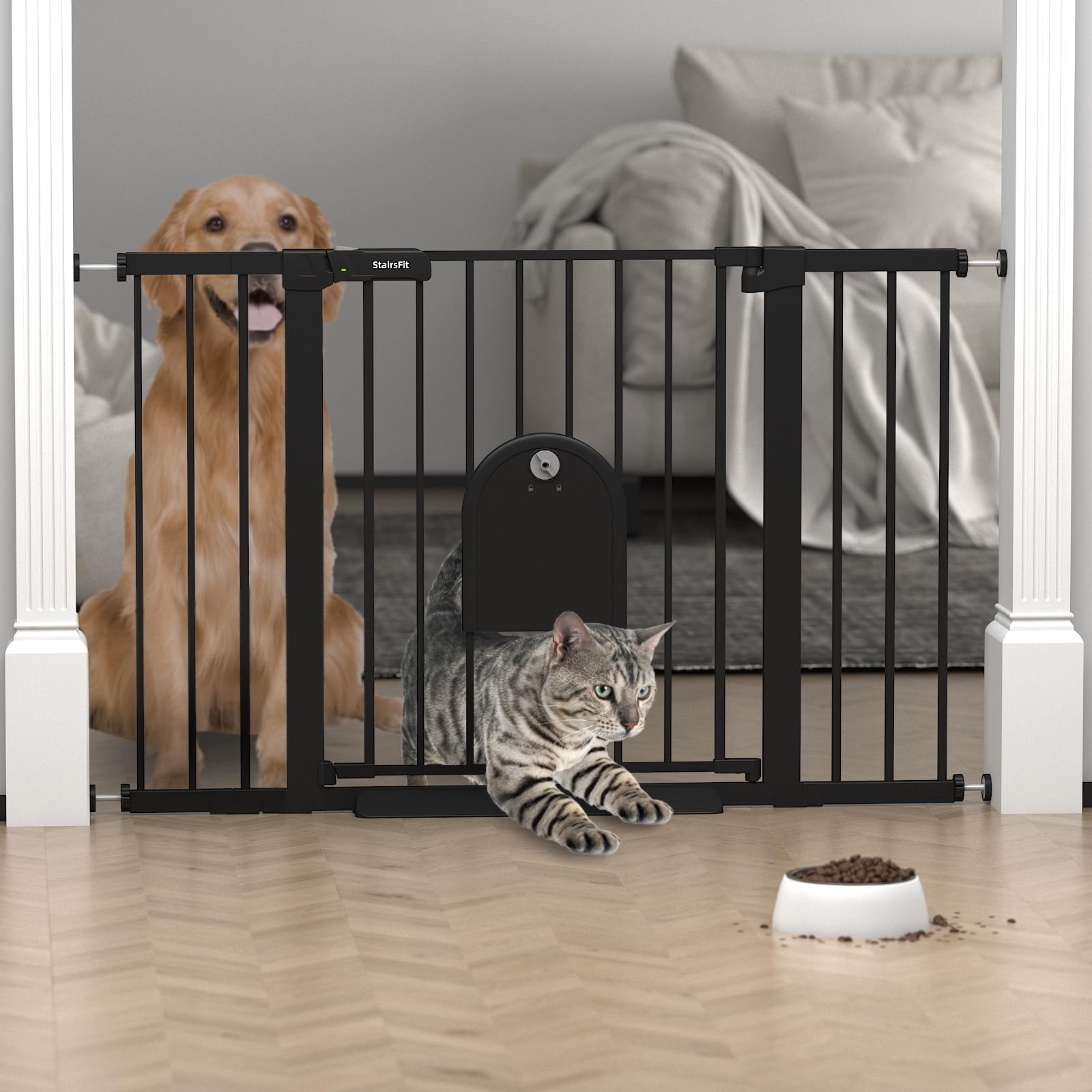 StairsFit extra-wide gate with cat door blocks stairs safely for kids and pets.