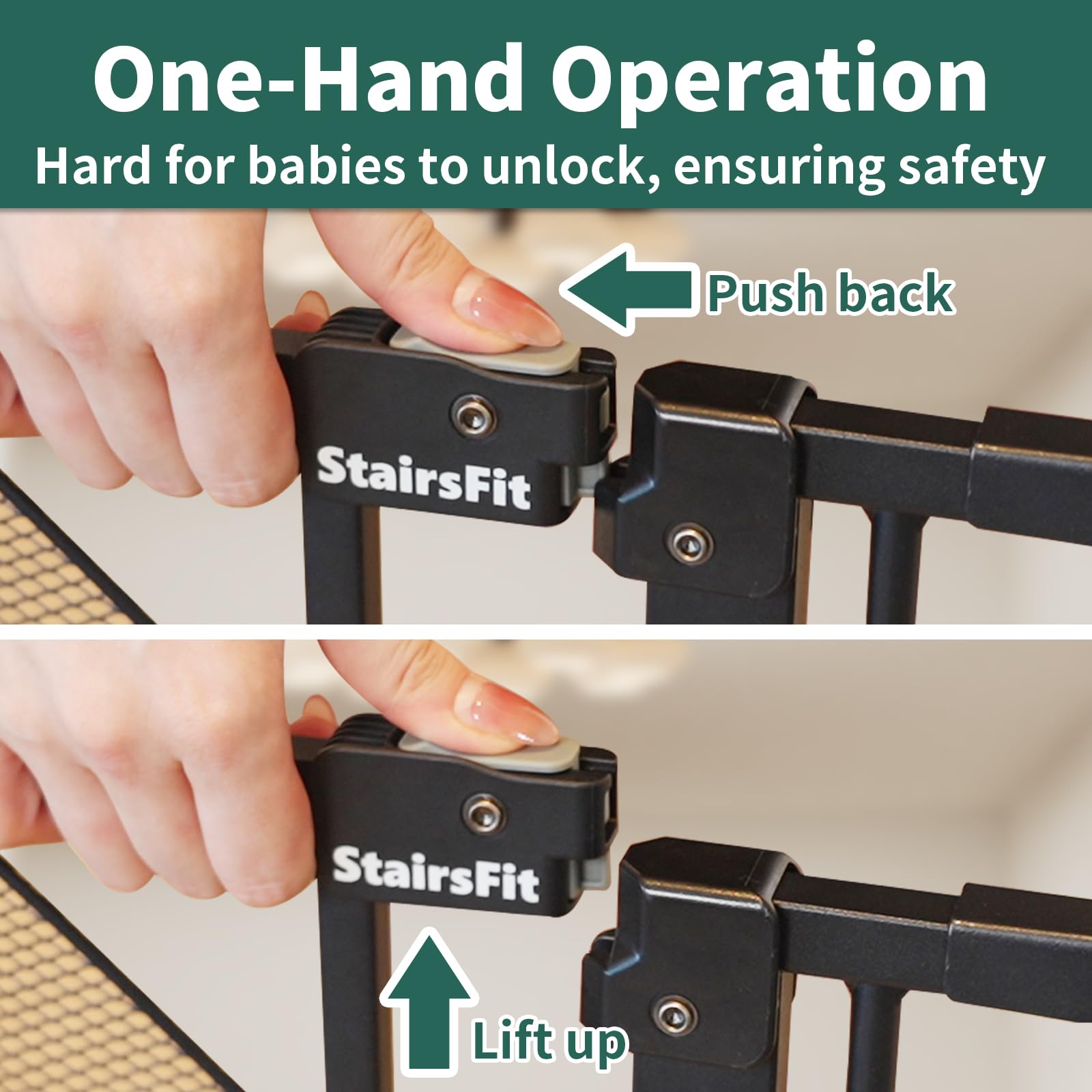 StairsFit hardware-mount installation provides a sturdy, top-of-stairs security.
