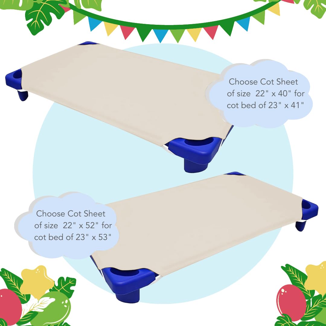 Stargazer cot sheets corner elastic loops keep fitted securely on busy preschool cots.