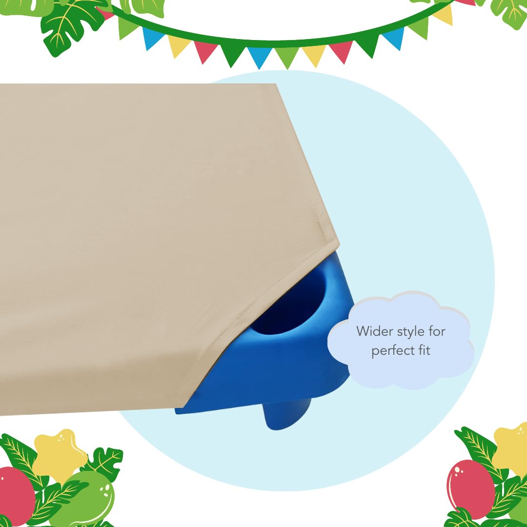 Stargazer cot sheets 65/35 polycotton blend provides durable, breathable surface for daily naps.