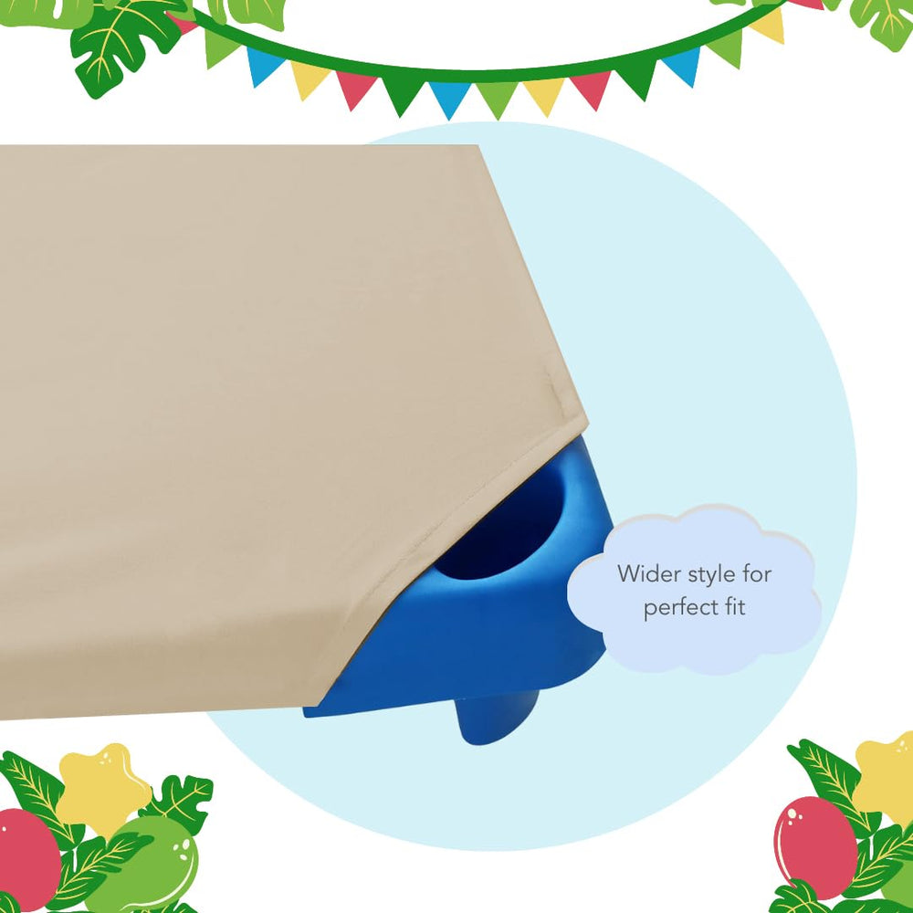Stargazer cot sheets 65/35 polycotton blend provides durable, breathable surface for daily naps.