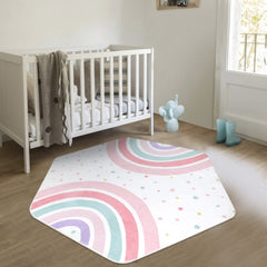 STARUIA pink rainbow rug playroom close-up shows ultra-soft fabric for cozy playtime