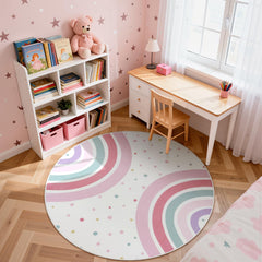 STARUIA Pink Round Rug anti-slip back keeps kid play safe on wooden floors.