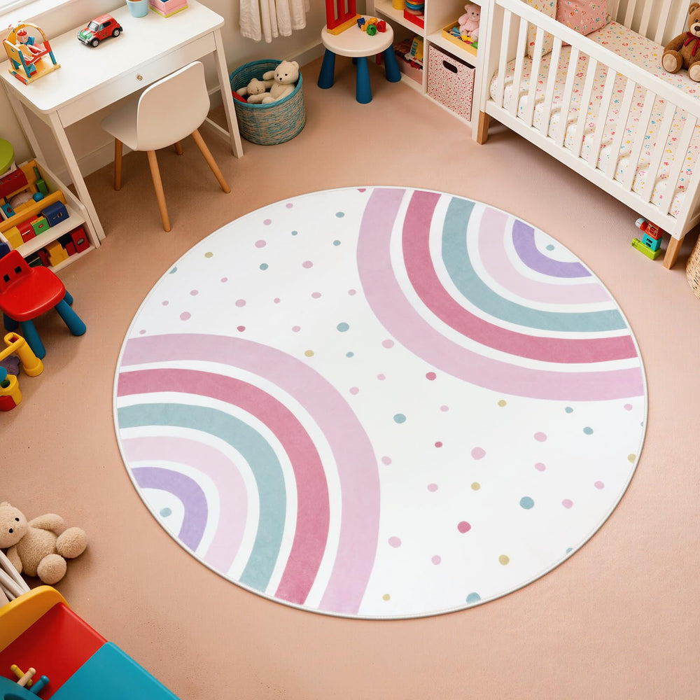 STARUIA Pink Round Rug rainbow-pattern highlights color learning and imaginative play in kids' rooms.