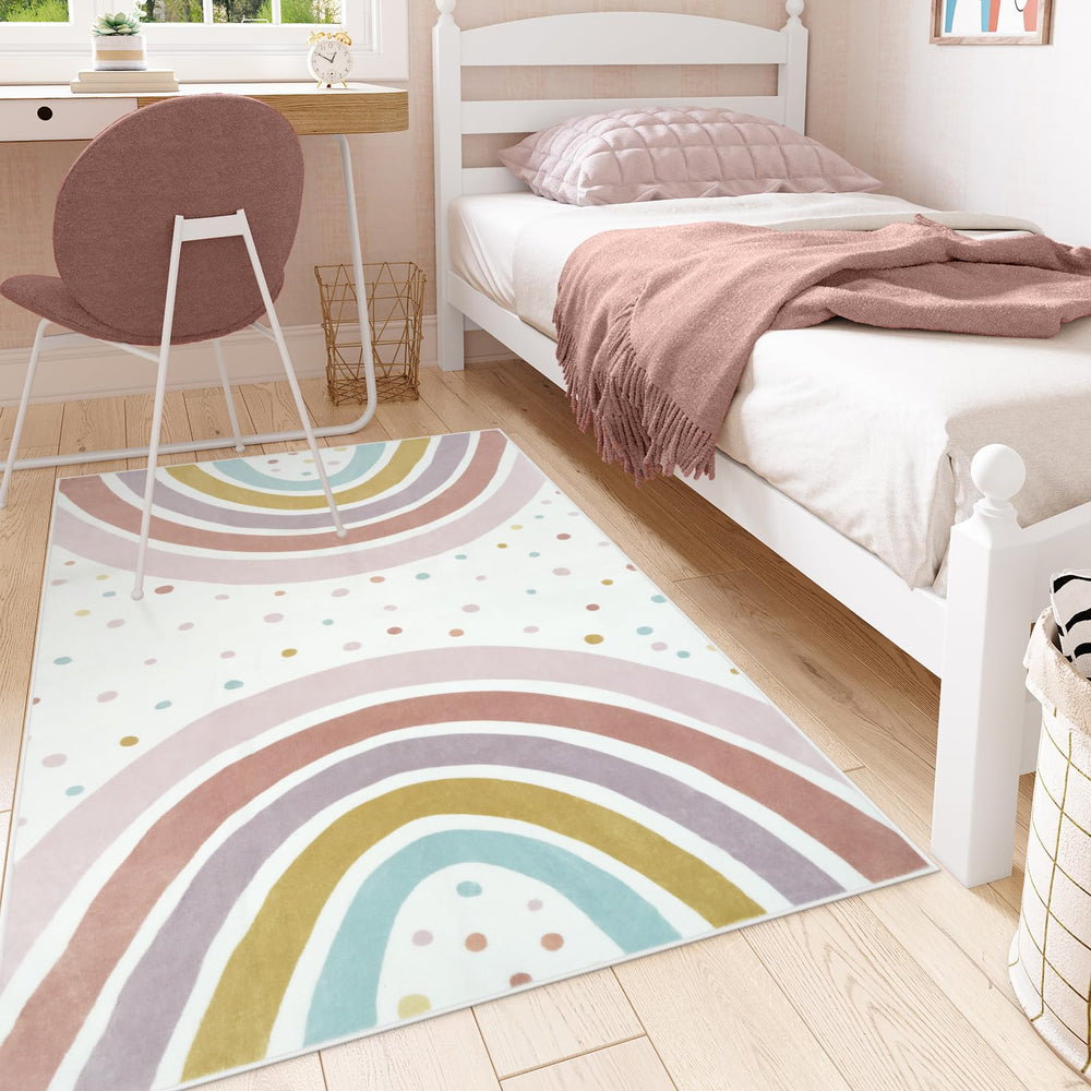 STARUIA rainbow rug top-down view highlights vibrant arches and polka dots for color learning.