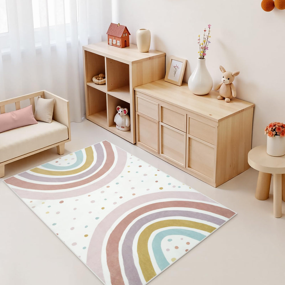 STARUIA rainbow rug arranged in playroom highlights durable backing for high-traffic spaces.